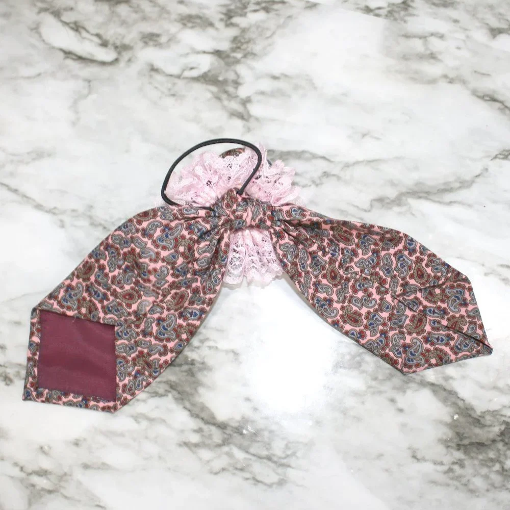 HAND CRAFTED Hair Scrunchy Bow Pink Paisley Floral Upcycled Men's Silk Necktie